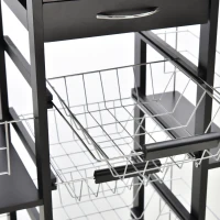 HOMCOM Carrello da Cucina con Cassetto, 4 Cesti di Frutta Estraibili e Piano in Ceramica, Carrello Cucina Salvaspazio con 4 Ripiani Laterali in Legno di Pino e Metallo, 57x37x83 cm, Nero(m-7)