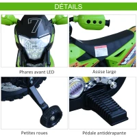 HOMCOM Motocross électrique 35 W Enfant 3 à 6 Ans dim. 109L x 52,5l x 70,5H cm roulettes Amovibles Vert(m-7)