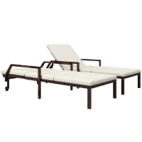 Outsunny Outdoor PE Rattan Sun Lounger Set of 2, Wicker Chaise Recliner Garden Chair with 5-Level Adjustable Backrest and 2 Wheels, Cream White(m-1)