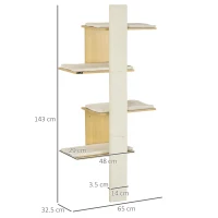 PawHut Four-Layer Wall-Mounted Shelf, with Cushions, Scratching Board - Oak Tone(m-3)