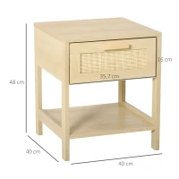 HOMCOM Table de chevet table de nuit avec tiroir et étagère, cannage en rotin, dim. 40L x 40l x 48H cm aspect bois naturel clair(m-3)