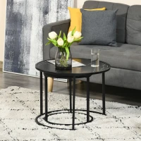 HOMCOM Juego de 2 Mesas Auxiliares Redondas Apilables Mesas Nidos con Encimera en Efecto de Mármol Ø60x46 cm y Ø40x40 cm Negro(m-7)