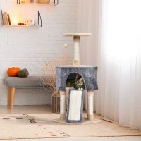 PawHut Árbol Rascador para Gatos con Cueva Juguete Colgante Rampa y Postes Rascadores de Sisal 40x40x98 cm Gris y Beige(m-2)