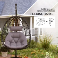 Outsunny Hanging Egg Chair Outdoor Indoor Garden Swing Chair with Folding Basket, Thickened Cushion, Garden Hanging Chair with Stand, Headrest for Patio, Balcony, Grey(m-5)