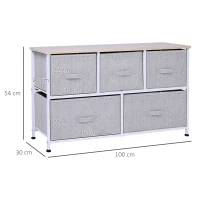 HOMCOM Commode meuble de rangement 100 x 30 x 54 cm 5 tiroirs non-tissés gris structure acier blanc bois clair(m-3)