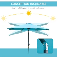 Outsunny Parasol lumineux octogonal inclinable dim. Ø 2,7 x 2,45H m parasol LED solaire métal polyester haute densité bleu turquoise(m-5)