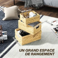 HOMCOM Lot de 3 paniers de rangement tressés boîtes de rangement avec poignées pour chambre, salon, salle de bain, bois naturel(m-4)