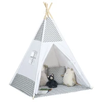 HOMCOM Tente Teepee Indien Tente de jeu pour Enfant Style Graphique - dim. 1,2L x 1,2I x 1,55H m - Porte refermable Fenêtre Tapis Coussin Sac Transport Inclus - à l'Intérieur à l'Extérieur Gris Blanc(m-1)
