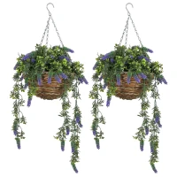 HOMCOM Set of 2 Decorative Artificial Plants, Faux Silk Lavender Flowers in Hanging Baskets, Fake Plants for Home Indoor Outdoor Decor, Purple(m-11)