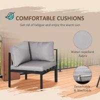 Outsunny 5 Seater Garden Corner Sofa Set, 4 Pieces Metal Garden Furniture Set with Loveseats, Glass Top Coffee Table, Breathable Mesh Pocket, Outdoor Conversation Furniture with Cushions, Light Grey(m-7)