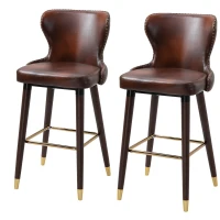 HOMCOM Bar Stools Set of 2, PU Leather Barstools with Back, Footrest and Wood Legs for Kitchen, Counter, Breakfast Bar, Brown(m-11)