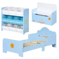 ZONEKIZ 3PCs Kids Bedroom Furniture Set with Bed, Toy Box Bench, Storage Unit with Baskets, Space Themed, for 3-6 Years Old, Blue(m-11)