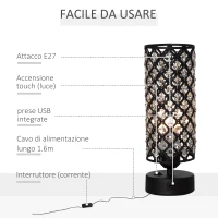 HOMCOM Lampada da Tavolo con Paralume in Cristallo e 2 Porte USB, Luce Regolabile Ф10.8x30cm, Nero(m-5)