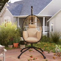 Outsunny Hanging Egg Chair Outdoor Indoor Garden Swing Chair with Folding Basket and Thickened Cushion, Garden Hanging Chair with Stand, Headrest, Cup Holder for Patio, Balcony, Khaki(m-9)
