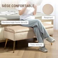 HOMCOM Banc coffre de rangement 2 en 1 banquette en velours avec couvercle à charnière et pieds en métal, jaune(m-6)