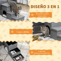 PawHut Escalera para Mascotas de 3 Peldaños 2 Cajas de Almacenaje Cueva y Cojín para Cama Sofá 73,5x33x40,5 cm Gris(m-5)