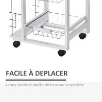 HOMCOM Chariot de service desserte de cuisine à roulettes multi-rangements 3 paniers métal tiroir + 2 range-bouteilles bois pin blanc(m-4)