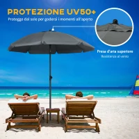 Outsunny Ombrellone da Spiaggia 1.8x2  m, in Poliestere e Acciaio a 8 Stecche con Reclinazione a 45°, Grigio(m-4)