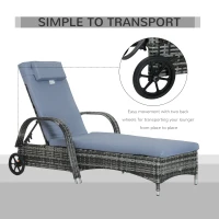Outsunny Garden Rattan Furniture Single Sun Lounger Recliner Bed Reclining Chair Patio Outdoor Wicker Weave Adjustable Headrest with Fire Retardant Cushion - Grey(m-4)