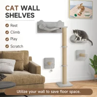 PawHut 4-Piece Cat Shelves w/ Scratching Post, Steps, Jumping Platform, Ladder, Toy Balls, for Indoor Cats, Light Grey(m-4)