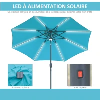 Outsunny Parasol lumineux octogonal inclinable dim. Ø 2,7 x 2,45H m parasol LED solaire métal polyester haute densité bleu turquoise(m-4)