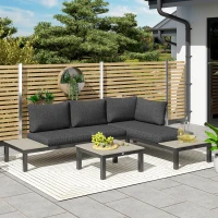 Outsunny 3 Pieces Garden Furniture Set, Aluminium 4 Seater Corner Sofa Set with 2 Loveseats, Coffee Table and Side Trays, Outdoor Conversation Furniture with Cushions for Garden, Dark Grey(m-2)