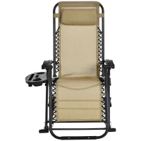 Outsunny Garden Rocking Chair Folding Recliner Outdoor Adjustable Sun Lounger Rocker Zero-Gravity Seat with Headrest Side Holder Patio Deck - Beige(m-11)