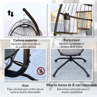 Outsunny Silla Colgante con Soporte Cesta Plegable Cojín y Reposacabezas para Interior y Exterior Carga 120 kg Gris(m-7)