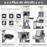 PawHut Arbre à chats multi-équipements griffoirs grattoirs plateformes rampes niche hamac jouets suspendus dim. 60L x 49l x 130H cm gris(m-6)