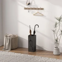 HOMCOM Metal Umbrella Stand, Square Umbrella Holder with 4 Hooks and Removable Drip Tray, Decorative Umbrella Storage Rack for Entryway, Hallway, 15.5 x 15.5 x 41 cm, Black(m-7)