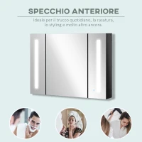 kleankin Armadietto con Specchio da Bagno a Parete in MDF con 3 Armadietti, 3 Ripiani e Luce LED, 90x15x65 cm, Nero(m-7)