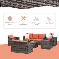 Outsunny 6 Pieces Rattan Garden Furniture Set, 7 Seater Wicker Outdoor Furniture Set with Storage Tea Table & Side Table, Sectional Garden Sofa Set with Cushions, Orange(m-4)
