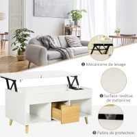 HOMCOM Table basse rectangulaire avec plateau relevable 1 tiroir, 2 niches et coffre - en bois aspect bois clair et blanc(m-6)