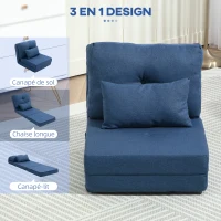 HOMCOM Chauffeuse canapé-lit convertible fauteuil 1 place avec 1 coussin avec dossier réglable, bleu foncé(m-5)