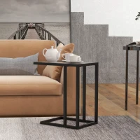 HOMCOM C Shape Bedside Table w/Metal Frame Marble-Effect Top Sofa Narrow Snack End Table for Living Room, Grey(m-7)