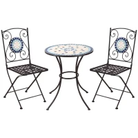 Outsunny Mobili da Giardino Set 3 Pezzi con 2 Sedie Pieghevoli e 1 Tavolino Rotondo, in Metallo e Ceramica(m-1)