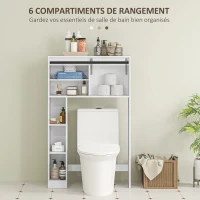 HOMCOM Meuble de rangement au-dessus des toilettes avec porte coulissante, Meuble étagère dessus WC, étagère réglable, blanc(m-5)
