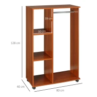 HOMCOM Open Wardrobe on Wheels, Bedroom Wardrobe with Clothes Hanging Rail, 3 Storage Shelves, Mobile Garment Rack for Cloakroom, Hallway, Walnut(m-3)