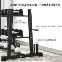 SPORTNOW Rastrelliera per Manubri in Acciaio con 4 Aste Regolabili per Pesi e Kettlebell, 131x75x80 cm, Nero(m-4)