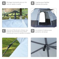 Outsunny Tente pop up tente de camping 3-4 pers. tente dôme étanche légère ventilée facile à monter 2 grandes portes dim. 2,6L x 2,6l x 1,5H m fibre verre polyester oxford noir gris(m-5)