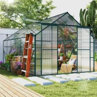 Outsunny 8 x 12ft Aluminium Greenhouse Polycarbonate Walk-in Garden Greenhouse Kit with Adjustable Roof Vent, Double Sliding Door, Rain Gutter and Foundation, Clear(m-10)