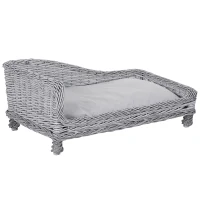 Pawhut Wicker Dog Cat Bed Kitten Lounger  Pet Bed Rattan Willow Basket Soft Cushion Lightweight 69 x 42 x 33 cm Grey(m-11)