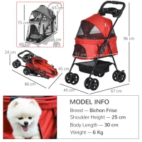 PawHut Dog Stroller with Rain Cover, Dog Pushchair One-Click Fold Trolley Jogger with EVA Wheels Brake Basket Adjustable Canopy Safety Leash for Small Dogs, Red(m-3)