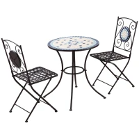 Outsunny Mobili da Giardino Set 3 Pezzi con 2 Sedie Pieghevoli e 1 Tavolino Rotondo, in Metallo e Ceramica(m-10)
