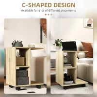 HOMCOM C-Shape End Table Unique Storage Unit w/ 2 Shelves 4 Wheels Freestanding Home Office Furniture Cabinet Square Studio Natural(m-5)