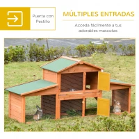 PawHut Conejera de Madera Grande de 2 Niveles con Rampa Puertas con Cerradura y Zona Abierta Protegida 215x63x100 cm(m-5)