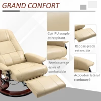HOMCOM Fauteuil relax inclinable repose-pieds réglable pivotant 360° piètement bois revêtement synthétique crème(m-6)