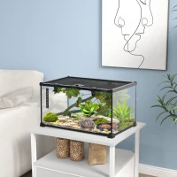 PawHut Glass Reptile Terrarium with Decor Kit, Breeding Tank with Thermometer for Small Animals, 50 x 30 x 25cm, Heated - Black(m-2)