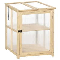 Outsunny Mini Serre de Jardin 2 Niveaux dim. 62L x 63l x 82H cm Porte et Panneau Toit ouvrant Bois Sapin traité Polycarbonate(m-1)