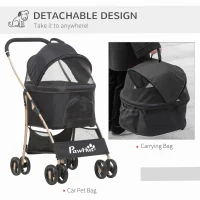 PawHut Detachable Pet Stroller with Rain Cover, 3 In 1 Cat Dog Pushchair, Foldable Carrying Bag w/ Universal Wheels, Brake, Canopy, Basket, Storage Bag for Small and Tiny Dogs - Black(m-6)